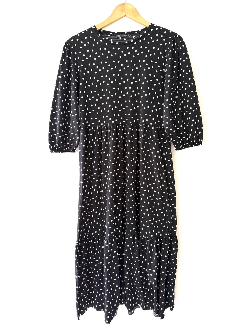 Zara Black White Polka Dot Tiered Midi Dress S Viral Cottagecore Raw Hem Boho